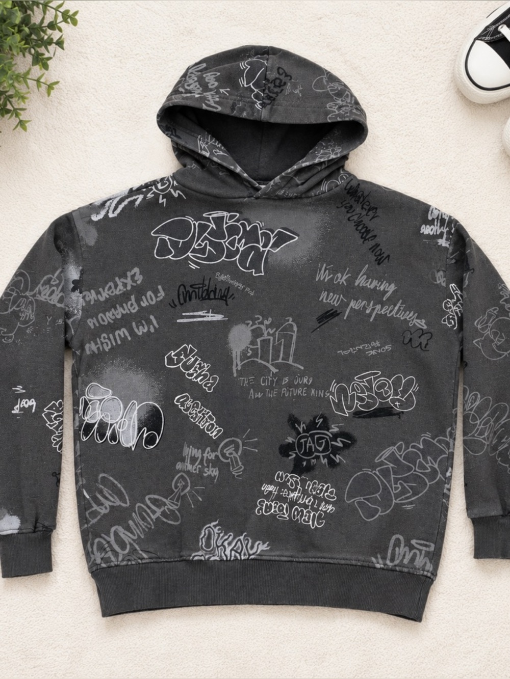 Zara Kids Charcoal Graffiti Hoodie Streetwear Sweatshirt Size 11/12